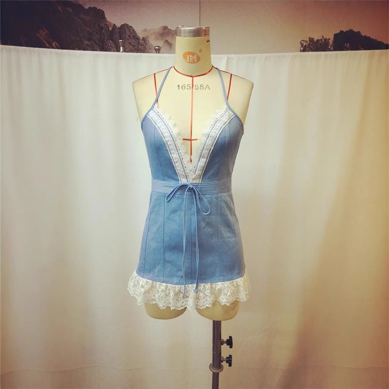 Sexy Lace Denim Sleeveless Suspender Dress Mini Dress Lace - up Ruffled - American Thistle Sexy Lace Denim Sleeveless Suspender Dress Mini Dress Lace - up Ruffled