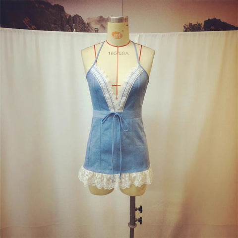 Sexy Lace Denim Sleeveless Suspender Dress Mini Dress Lace - up Ruffled - American Thistle Sexy Lace Denim Sleeveless Suspender Dress Mini Dress Lace - up Ruffled