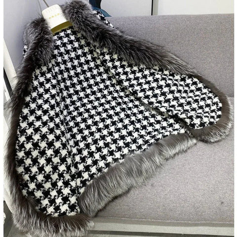 Shawl Outwear Ladies Loose Casual Houndstooth Thick Warm Cloak Jacket Women Double Sided Wear Fashion Vintage Female Faux Fur Coat - American ThistleShawl Outwear Ladies Loose Casual Houndstooth Thick Warm Cloak Jacket Women Double Sided Wear Fashion Vintage Female Faux Fur Coat