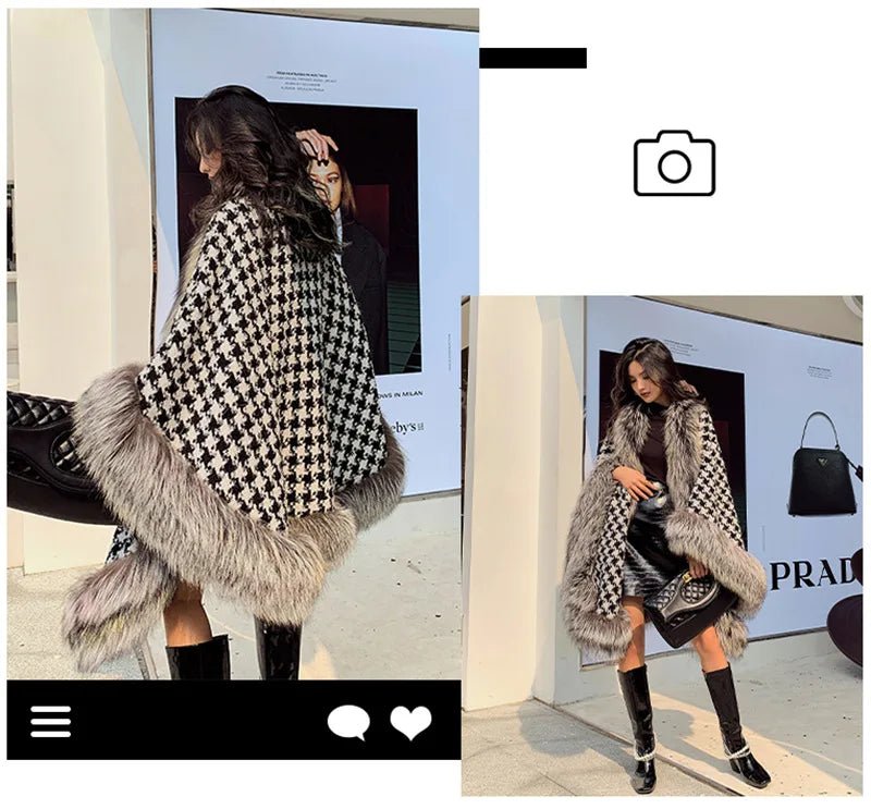 Shawl Outwear Ladies Loose Casual Houndstooth Thick Warm Cloak Jacket Women Double Sided Wear Fashion Vintage Female Faux Fur Coat - American ThistleShawl Outwear Ladies Loose Casual Houndstooth Thick Warm Cloak Jacket Women Double Sided Wear Fashion Vintage Female Faux Fur Coat