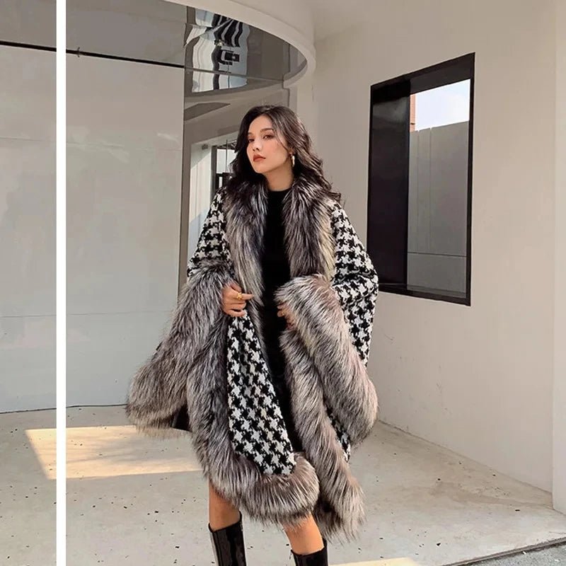 Shawl Outwear Ladies Loose Casual Houndstooth Thick Warm Cloak Jacket Women Double Sided Wear Fashion Vintage Female Faux Fur Coat - American ThistleShawl Outwear Ladies Loose Casual Houndstooth Thick Warm Cloak Jacket Women Double Sided Wear Fashion Vintage Female Faux Fur Coat