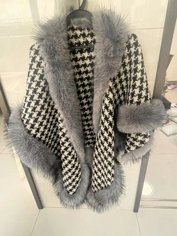 Shawl Outwear Ladies Loose Casual Houndstooth Thick Warm Cloak Jacket Women Double Sided Wear Fashion Vintage Female Faux Fur Coat - American ThistleShawl Outwear Ladies Loose Casual Houndstooth Thick Warm Cloak Jacket Women Double Sided Wear Fashion Vintage Female Faux Fur Coat