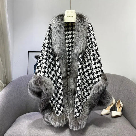 Shawl Outwear Ladies Loose Casual Houndstooth Thick Warm Cloak Jacket Women Double Sided Wear Fashion Vintage Female Faux Fur Coat - American ThistleShawl Outwear Ladies Loose Casual Houndstooth Thick Warm Cloak Jacket Women Double Sided Wear Fashion Vintage Female Faux Fur Coat