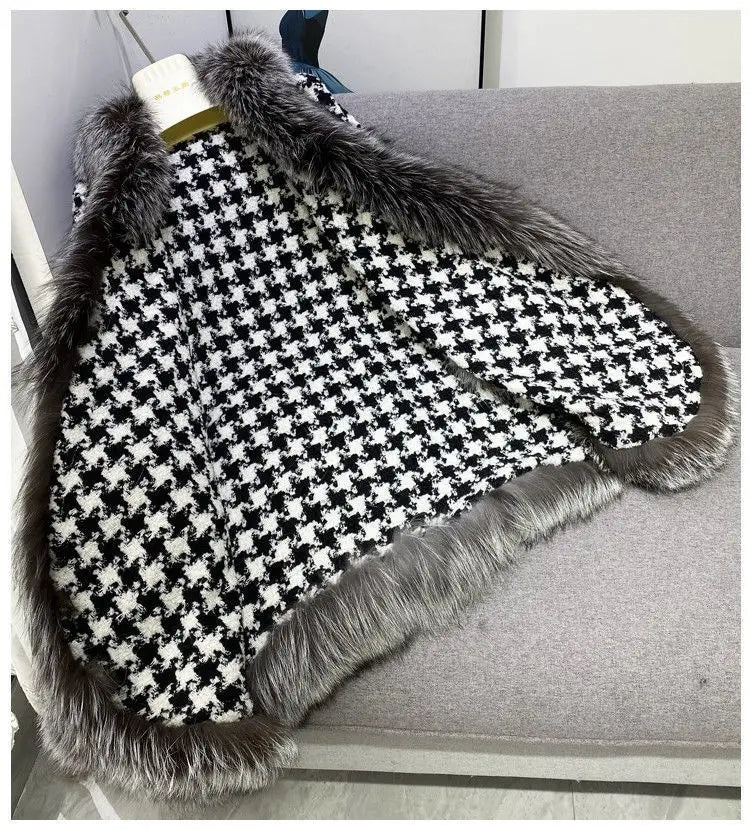 Shawl Outwear Ladies Loose Casual Houndstooth Thick Warm Cloak Jacket Women Double Sided Wear Fashion Vintage Female Faux Fur Coat - American ThistleShawl Outwear Ladies Loose Casual Houndstooth Thick Warm Cloak Jacket Women Double Sided Wear Fashion Vintage Female Faux Fur Coat