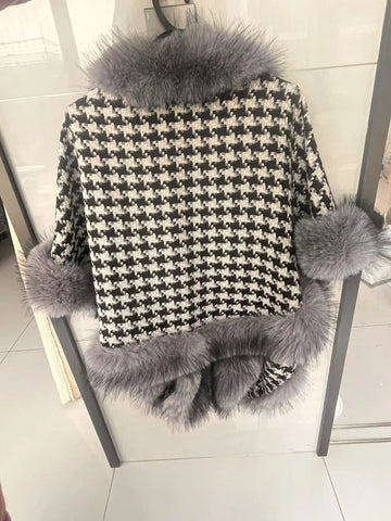 Shawl Outwear Ladies Loose Casual Houndstooth Thick Warm Cloak Jacket Women Double Sided Wear Fashion Vintage Female Faux Fur Coat - American ThistleShawl Outwear Ladies Loose Casual Houndstooth Thick Warm Cloak Jacket Women Double Sided Wear Fashion Vintage Female Faux Fur Coat