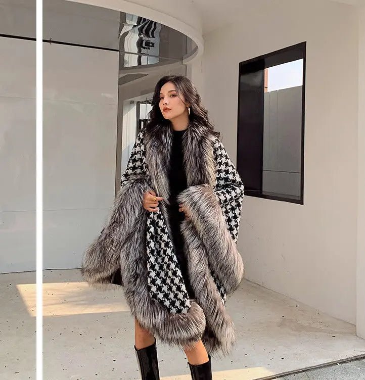 Shawl Outwear Ladies Loose Casual Houndstooth Thick Warm Cloak Jacket Women Double Sided Wear Fashion Vintage Female Faux Fur Coat - American ThistleShawl Outwear Ladies Loose Casual Houndstooth Thick Warm Cloak Jacket Women Double Sided Wear Fashion Vintage Female Faux Fur Coat