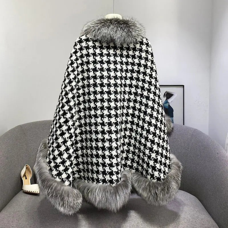 Shawl Outwear Ladies Loose Casual Houndstooth Thick Warm Cloak Jacket Women Double Sided Wear Fashion Vintage Female Faux Fur Coat - American ThistleShawl Outwear Ladies Loose Casual Houndstooth Thick Warm Cloak Jacket Women Double Sided Wear Fashion Vintage Female Faux Fur Coat