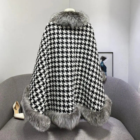 Shawl Outwear Ladies Loose Casual Houndstooth Thick Warm Cloak Jacket Women Double Sided Wear Fashion Vintage Female Faux Fur Coat - American ThistleShawl Outwear Ladies Loose Casual Houndstooth Thick Warm Cloak Jacket Women Double Sided Wear Fashion Vintage Female Faux Fur Coat