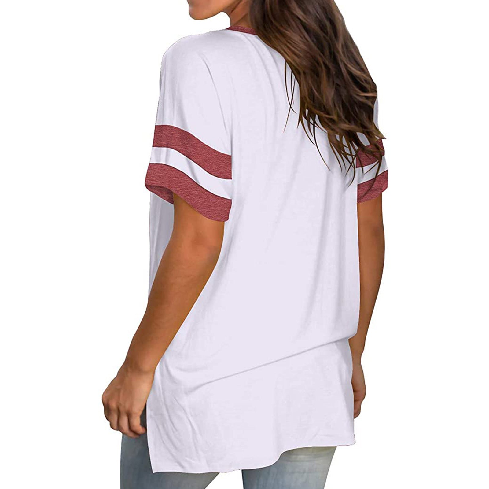 Short Sleeve Casual V - Neck T-Shirt With Stripes on Sleeves - American Thistle Short Sleeve Casual V - Neck T-Shirt With Stripes on Sleeves