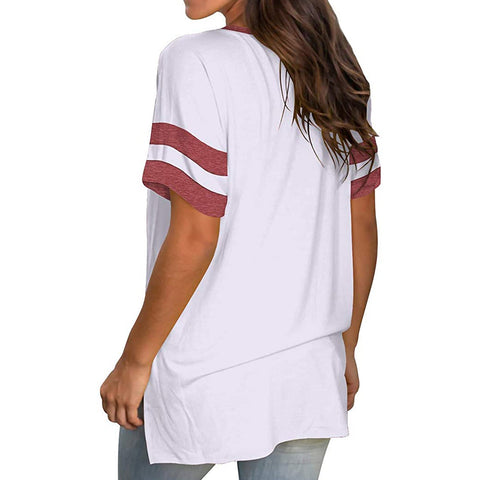 Short Sleeve Casual V - Neck T-Shirt With Stripes on Sleeves - American Thistle Short Sleeve Casual V - Neck T-Shirt With Stripes on Sleeves