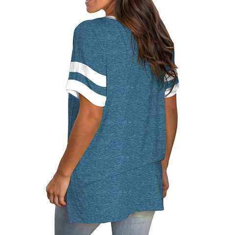Short Sleeve Casual V - Neck T-Shirt With Stripes on Sleeves - American Thistle Short Sleeve Casual V - Neck T-Shirt With Stripes on Sleeves