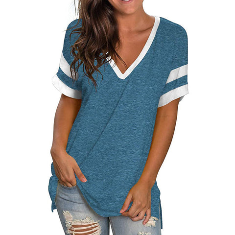 Short Sleeve Casual V - Neck T-Shirt With Stripes on Sleeves - American Thistle Short Sleeve Casual V - Neck T-Shirt With Stripes on Sleeves