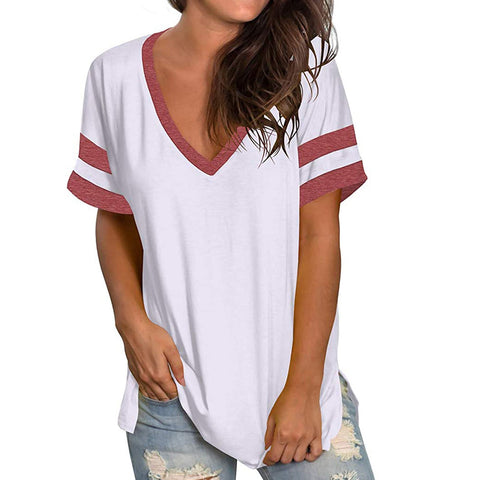Short Sleeve Casual V - Neck T-Shirt With Stripes on Sleeves - American Thistle Short Sleeve Casual V - Neck T-Shirt With Stripes on Sleeves