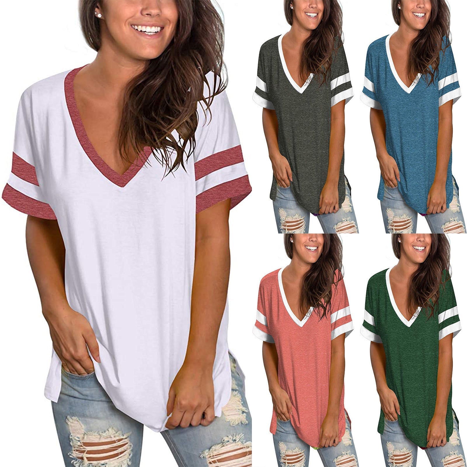 Short Sleeve Casual V - Neck T-Shirt With Stripes on Sleeves - American Thistle Short Sleeve Casual V - Neck T-Shirt With Stripes on Sleeves