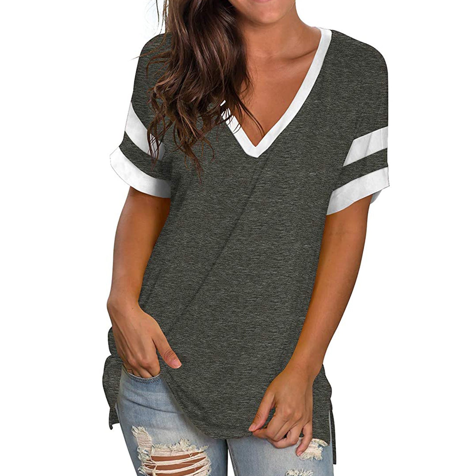 Short Sleeve Casual V - Neck T-Shirt With Stripes on Sleeves - American Thistle Short Sleeve Casual V - Neck T-Shirt With Stripes on Sleeves