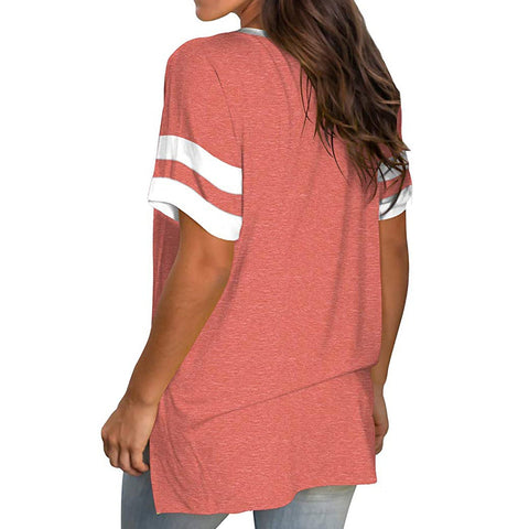 Short Sleeve Casual V - Neck T-Shirt With Stripes on Sleeves - American Thistle Short Sleeve Casual V - Neck T-Shirt With Stripes on Sleeves