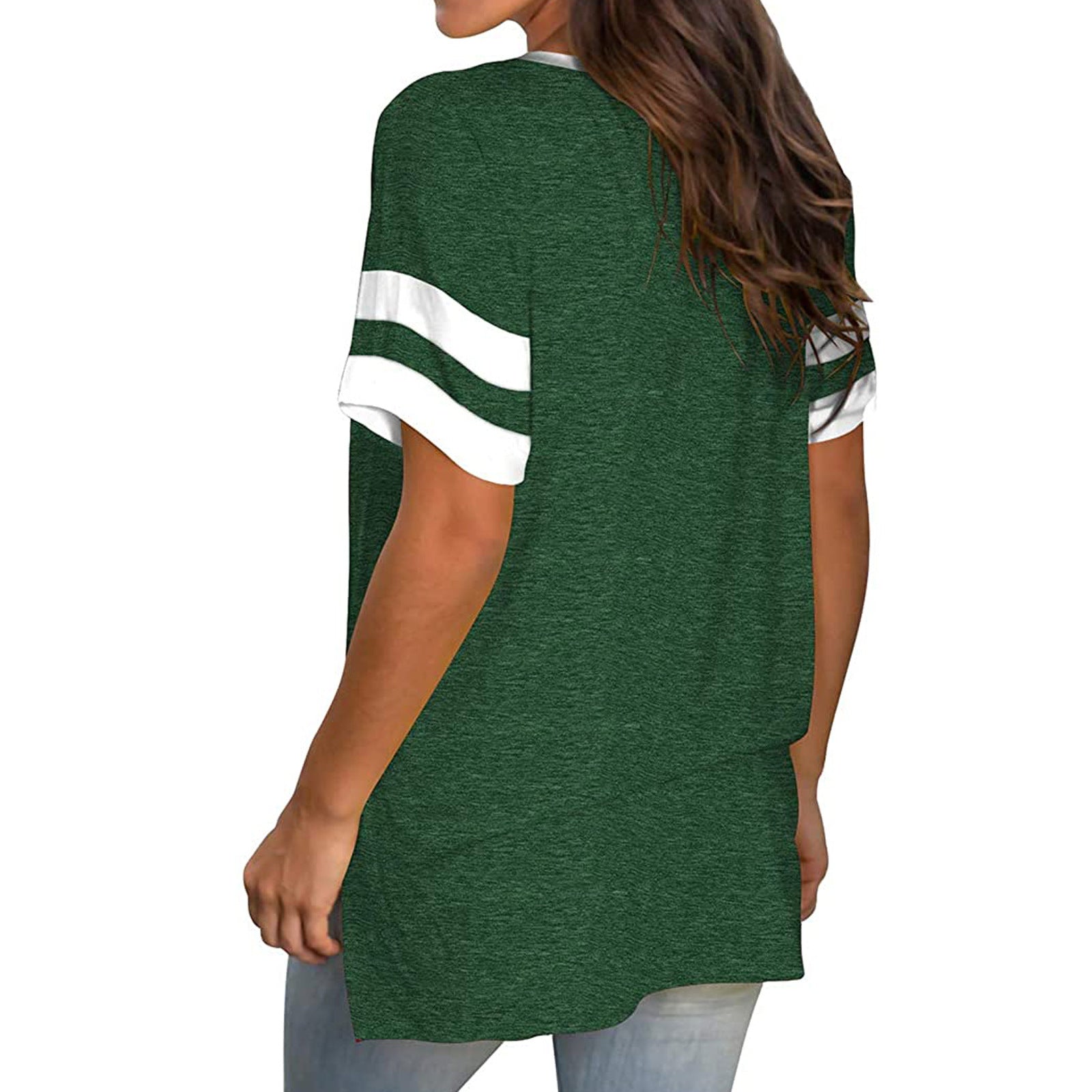 Short Sleeve Casual V - Neck T-Shirt With Stripes on Sleeves - American Thistle Short Sleeve Casual V - Neck T-Shirt With Stripes on Sleeves