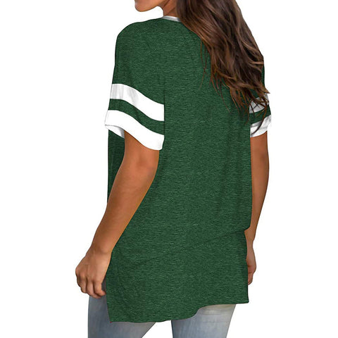 Short Sleeve Casual V - Neck T-Shirt With Stripes on Sleeves - American Thistle Short Sleeve Casual V - Neck T-Shirt With Stripes on Sleeves