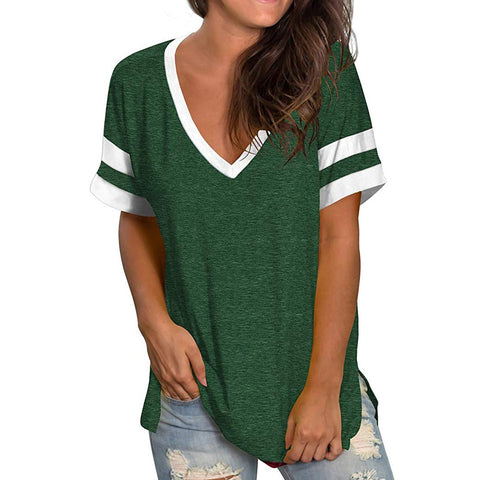 Short Sleeve Casual V - Neck T-Shirt With Stripes on Sleeves - American Thistle Short Sleeve Casual V - Neck T-Shirt With Stripes on Sleeves