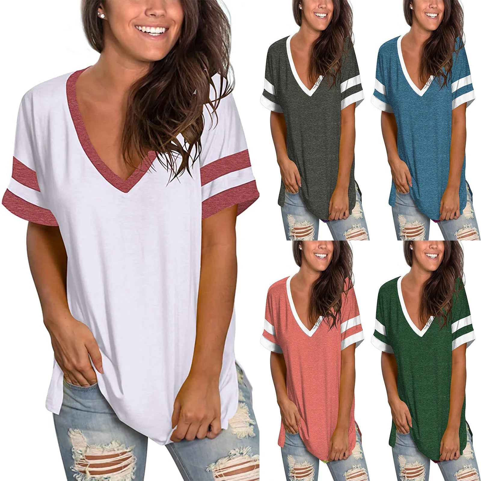 Short Sleeve Casual V - Neck T-Shirt With Stripes on Sleeves - American Thistle Short Sleeve Casual V - Neck T-Shirt With Stripes on Sleeves