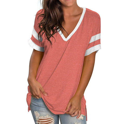 Short Sleeve Casual V - Neck T-Shirt With Stripes on Sleeves - American Thistle Short Sleeve Casual V - Neck T-Shirt With Stripes on Sleeves