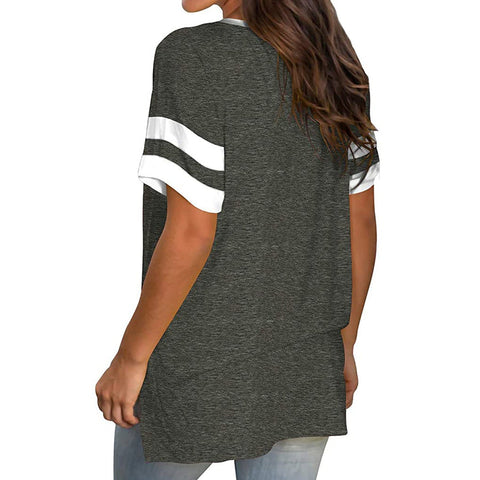 Short Sleeve Casual V - Neck T-Shirt With Stripes on Sleeves - American Thistle Short Sleeve Casual V - Neck T-Shirt With Stripes on Sleeves