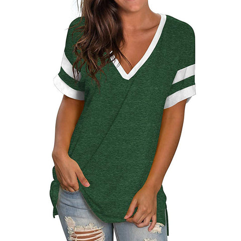 Short Sleeve Casual V - Neck T-Shirt With Stripes on Sleeves - American Thistle Short Sleeve Casual V - Neck T-Shirt With Stripes on Sleeves
