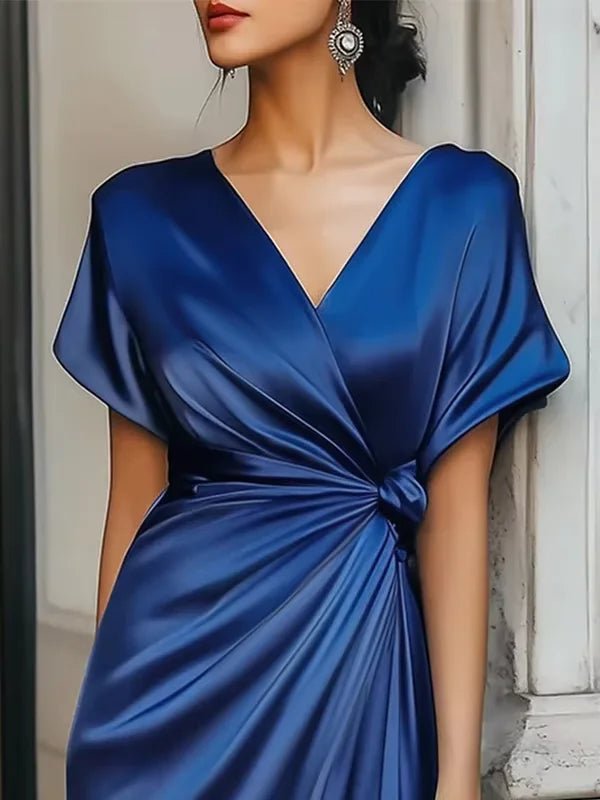 Silk Classic Elegant Long Short Sleeve Navy Blue Dress - American Thistle Silk Classic Elegant Long Short Sleeve Navy Blue Dress