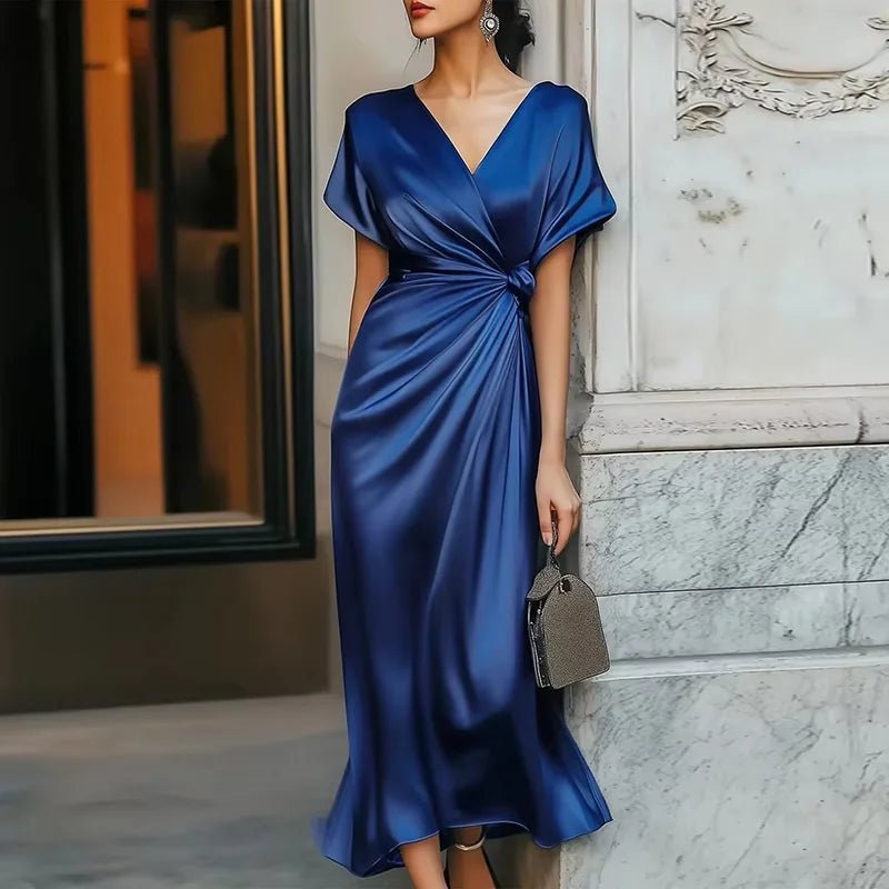 Silk Classic Elegant Long Short Sleeve Navy Blue Dress - American Thistle Silk Classic Elegant Long Short Sleeve Navy Blue Dress