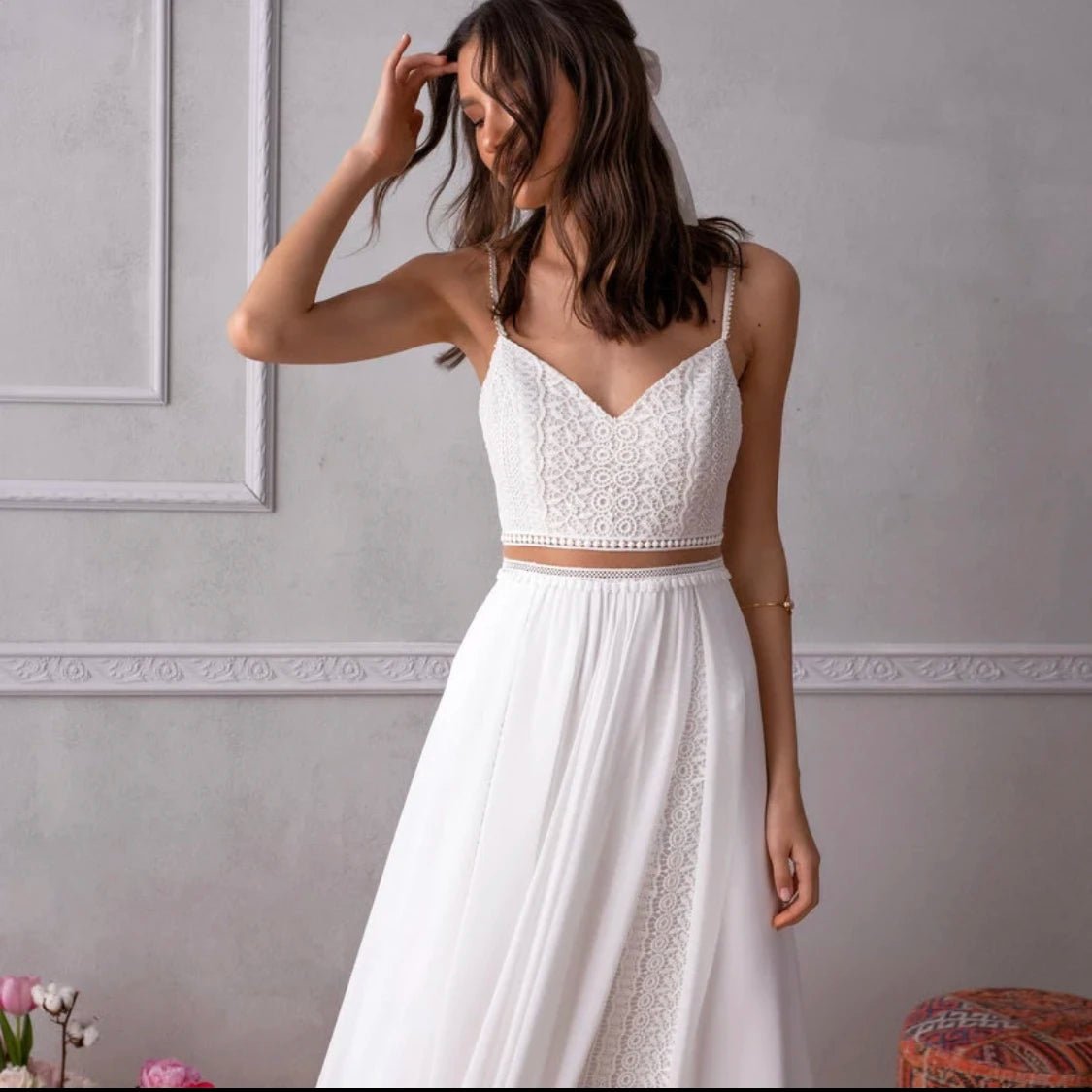 Simple Elegant Two - Piece Dress Spaghetti Straps Backless Sleeveless - American Thistle Simple Elegant Two - Piece Dress Spaghetti Straps Backless Sleeveless