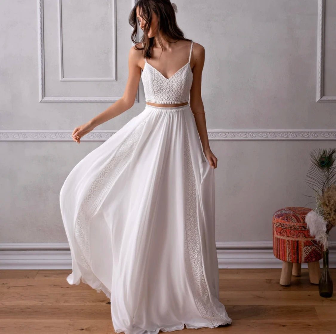 Simple Elegant Two - Piece Dress Spaghetti Straps Backless Sleeveless - American Thistle Simple Elegant Two - Piece Dress Spaghetti Straps Backless Sleeveless