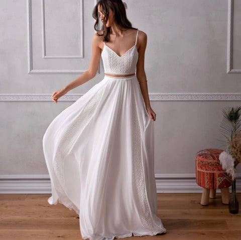 Simple Elegant Two - Piece Dress Spaghetti Straps Backless Sleeveless - American Thistle Simple Elegant Two - Piece Dress Spaghetti Straps Backless Sleeveless