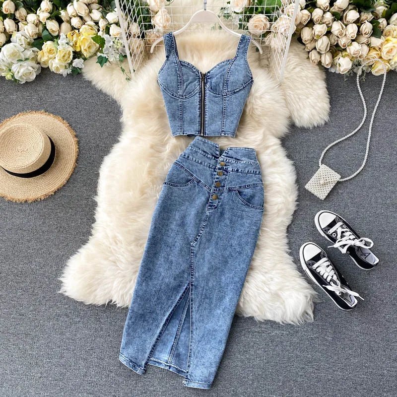 Skirt Sets Women Denim Skirts Two Piece Set Tanks Sleeve Less Slim Fit Vests High Waist Jeans Button Streetwear Summer - American Thistle Skirt Sets Women Denim Skirts Two Piece Set Tanks Sleeve Less Slim Fit Vests High Waist Jeans Button Streetwear Summer