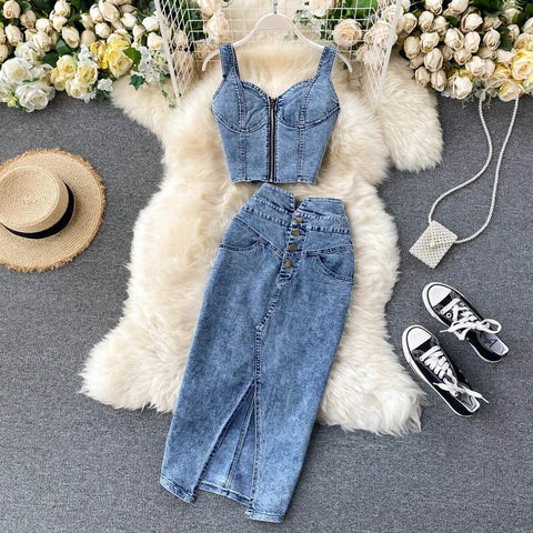 Skirt Sets Women Denim Skirts Two Piece Set Tanks Sleeve Less Slim Fit Vests High Waist Jeans Button Streetwear Summer - American Thistle Skirt Sets Women Denim Skirts Two Piece Set Tanks Sleeve Less Slim Fit Vests High Waist Jeans Button Streetwear Summer