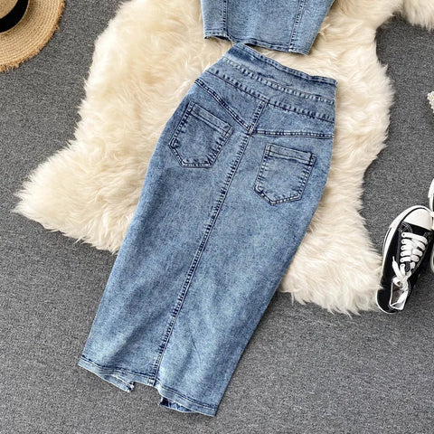 Skirt Sets Women Denim Skirts Two Piece Set Tanks Sleeve Less Slim Fit Vests High Waist Jeans Button Streetwear Summer - American Thistle Skirt Sets Women Denim Skirts Two Piece Set Tanks Sleeve Less Slim Fit Vests High Waist Jeans Button Streetwear Summer
