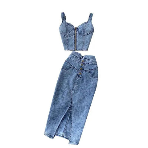 Skirt Sets Women Denim Skirts Two Piece Set Tanks Sleeve Less Slim Fit Vests High Waist Jeans Button Streetwear Summer - American Thistle Skirt Sets Women Denim Skirts Two Piece Set Tanks Sleeve Less Slim Fit Vests High Waist Jeans Button Streetwear Summer