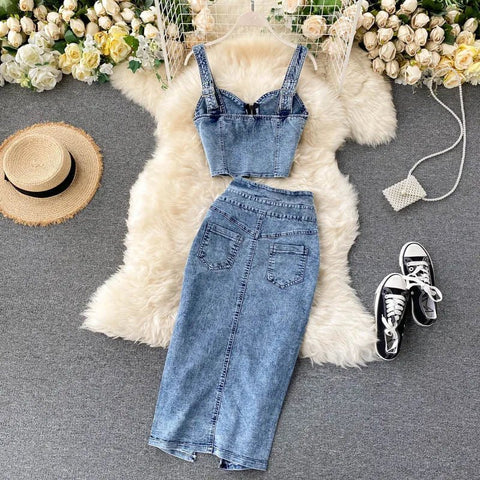 Skirt Sets Women Denim Skirts Two Piece Set Tanks Sleeve Less Slim Fit Vests High Waist Jeans Button Streetwear Summer - American Thistle Skirt Sets Women Denim Skirts Two Piece Set Tanks Sleeve Less Slim Fit Vests High Waist Jeans Button Streetwear Summer