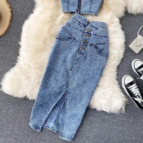 Skirt Sets Women Denim Skirts Two Piece Set Tanks Sleeve Less Slim Fit Vests High Waist Jeans Button Streetwear Summer - American Thistle Skirt Sets Women Denim Skirts Two Piece Set Tanks Sleeve Less Slim Fit Vests High Waist Jeans Button Streetwear Summer