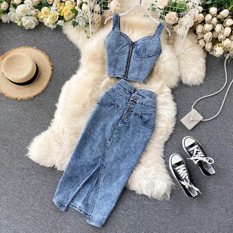 Skirt Sets Women Denim Skirts Two Piece Set Tanks Sleeve Less Slim Fit Vests High Waist Jeans Button Streetwear Summer - American Thistle Skirt Sets Women Denim Skirts Two Piece Set Tanks Sleeve Less Slim Fit Vests High Waist Jeans Button Streetwear Summer