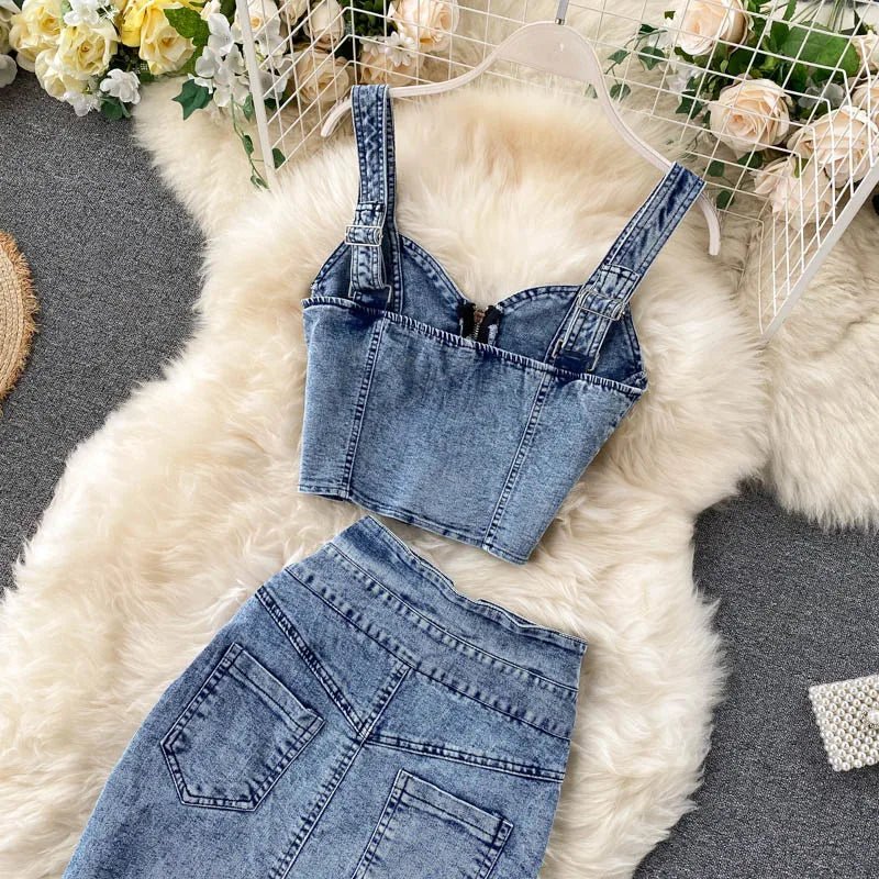 Skirt Sets Women Denim Skirts Two Piece Set Tanks Sleeve Less Slim Fit Vests High Waist Jeans Button Streetwear Summer - American Thistle Skirt Sets Women Denim Skirts Two Piece Set Tanks Sleeve Less Slim Fit Vests High Waist Jeans Button Streetwear Summer