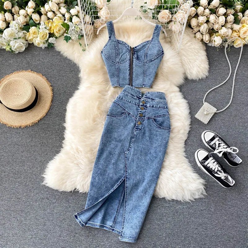 Skirt Sets Women Denim Skirts Two Piece Set Tanks Sleeve Less Slim Fit Vests High Waist Jeans Button Streetwear Summer - American Thistle Skirt Sets Women Denim Skirts Two Piece Set Tanks Sleeve Less Slim Fit Vests High Waist Jeans Button Streetwear Summer
