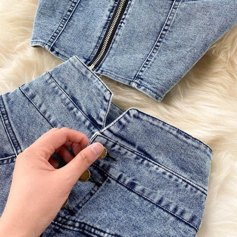 Skirt Sets Women Denim Skirts Two Piece Set Tanks Sleeve Less Slim Fit Vests High Waist Jeans Button Streetwear Summer - American Thistle Skirt Sets Women Denim Skirts Two Piece Set Tanks Sleeve Less Slim Fit Vests High Waist Jeans Button Streetwear Summer