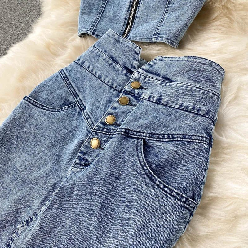 Skirt Sets Women Denim Skirts Two Piece Set Tanks Sleeve Less Slim Fit Vests High Waist Jeans Button Streetwear Summer - American Thistle Skirt Sets Women Denim Skirts Two Piece Set Tanks Sleeve Less Slim Fit Vests High Waist Jeans Button Streetwear Summer