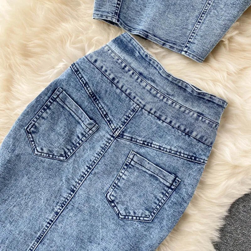 Skirt Sets Women Denim Skirts Two Piece Set Tanks Sleeve Less Slim Fit Vests High Waist Jeans Button Streetwear Summer - American Thistle Skirt Sets Women Denim Skirts Two Piece Set Tanks Sleeve Less Slim Fit Vests High Waist Jeans Button Streetwear Summer