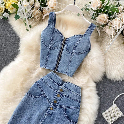 Skirt Sets Women Denim Skirts Two Piece Set Tanks Sleeve Less Slim Fit Vests High Waist Jeans Button Streetwear Summer - American Thistle Skirt Sets Women Denim Skirts Two Piece Set Tanks Sleeve Less Slim Fit Vests High Waist Jeans Button Streetwear Summer