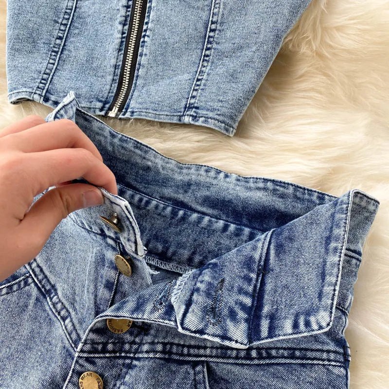 Skirt Sets Women Denim Skirts Two Piece Set Tanks Sleeve Less Slim Fit Vests High Waist Jeans Button Streetwear Summer - American Thistle Skirt Sets Women Denim Skirts Two Piece Set Tanks Sleeve Less Slim Fit Vests High Waist Jeans Button Streetwear Summer