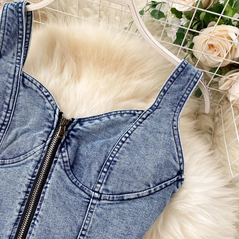 Skirt Sets Women Denim Skirts Two Piece Set Tanks Sleeve Less Slim Fit Vests High Waist Jeans Button Streetwear Summer - American Thistle Skirt Sets Women Denim Skirts Two Piece Set Tanks Sleeve Less Slim Fit Vests High Waist Jeans Button Streetwear Summer