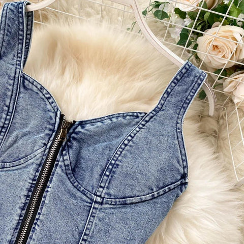 Skirt Sets Women Denim Skirts Two Piece Set Tanks Sleeve Less Slim Fit Vests High Waist Jeans Button Streetwear Summer - American Thistle Skirt Sets Women Denim Skirts Two Piece Set Tanks Sleeve Less Slim Fit Vests High Waist Jeans Button Streetwear Summer