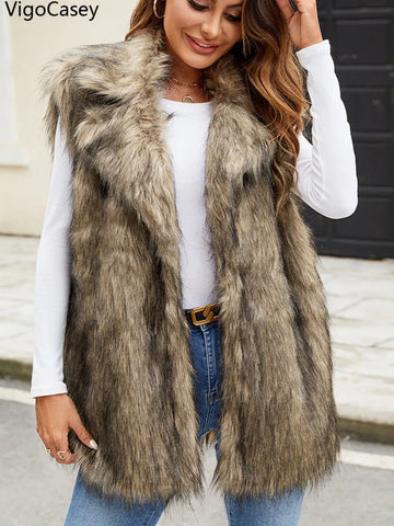 Sleeveless Thick Faux Fur Vest Coat Woman Khaki Plush Warm Waistcoat - American Thistle Sleeveless Thick Faux Fur Vest Coat Woman Khaki Plush Warm Waistcoat