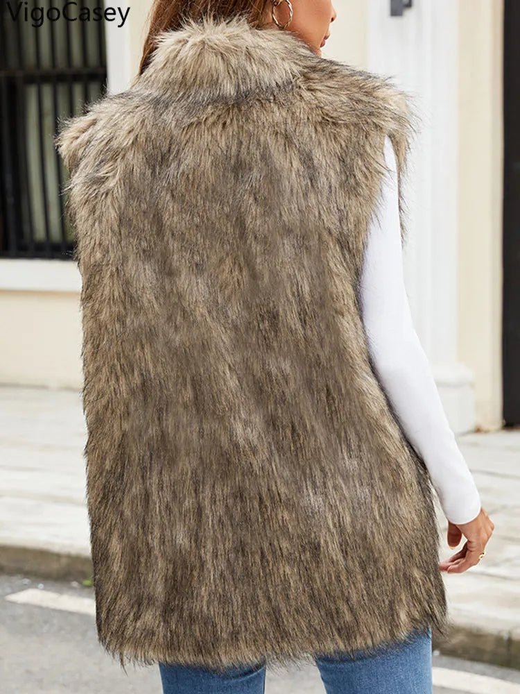 Sleeveless Thick Faux Fur Vest Coat Woman Khaki Plush Warm Waistcoat - American Thistle Sleeveless Thick Faux Fur Vest Coat Woman Khaki Plush Warm Waistcoat
